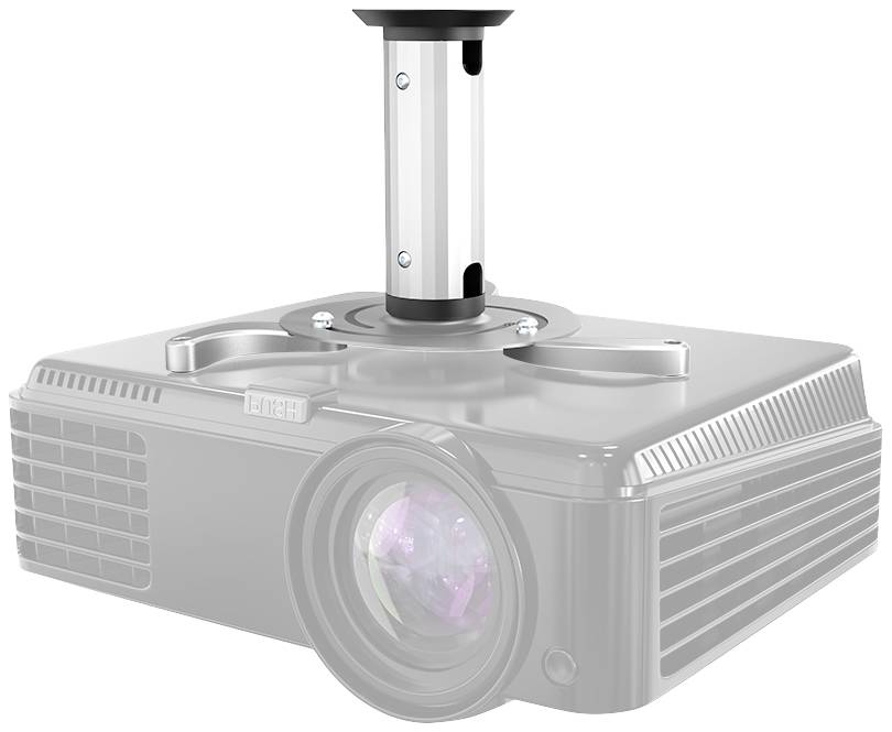 Projector mount installed on the ceiling. Silvery, cylindrical bracket securely holds a projector, suitable for home cinema or office.