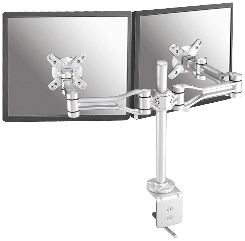 Metal dual monitor mount with adjustable arms, suitable for two flat screens. Attachment is via desk clamp.