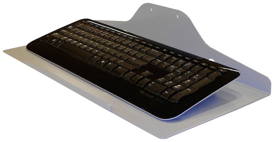 A black keyboard is positioned at an angle on a white stand, tilted for ergonomic use.