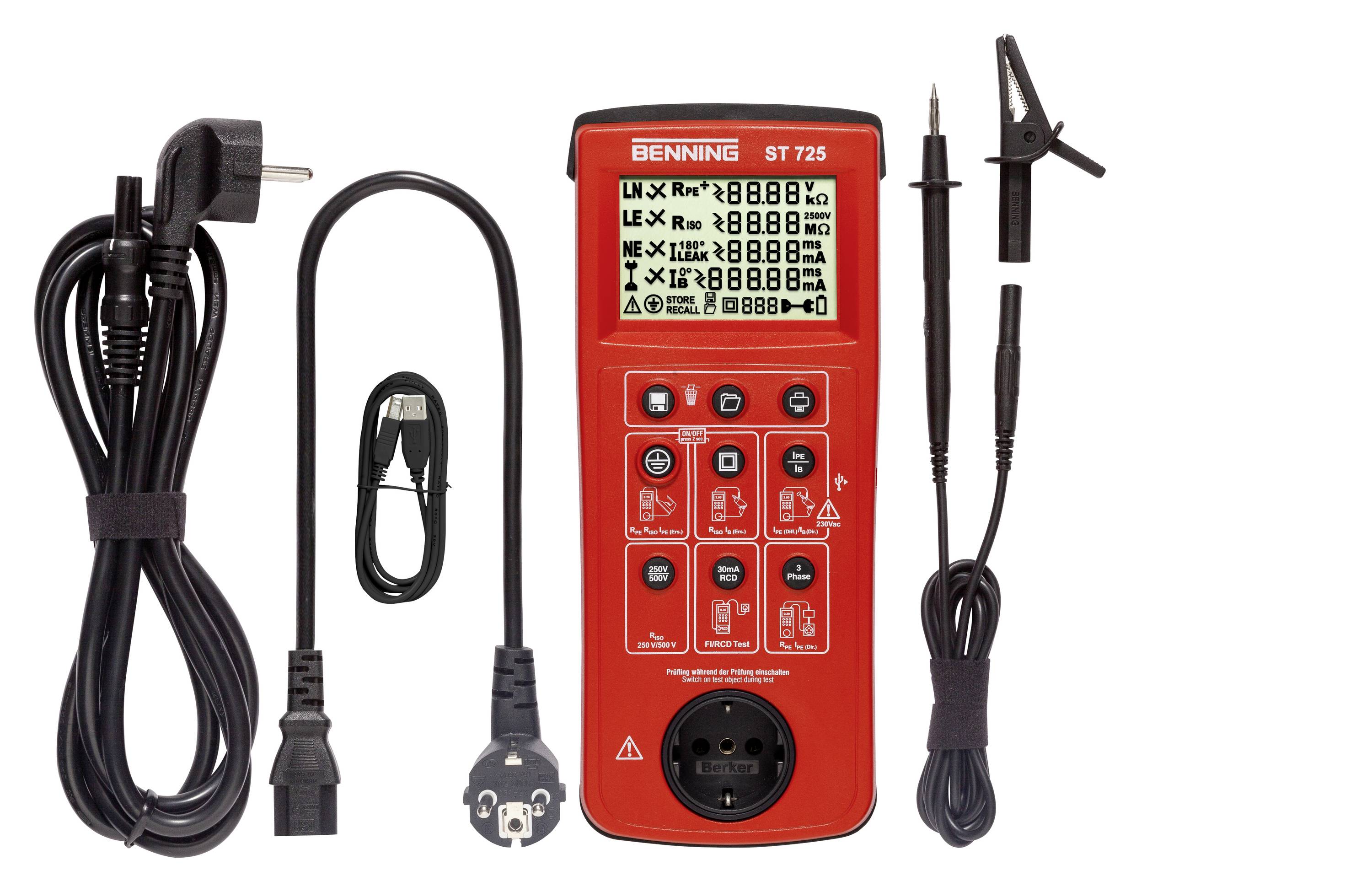 Digital multimeter with a red casing, surrounded by cables and measuring accessories. Display shows multiple measurement values and settings.