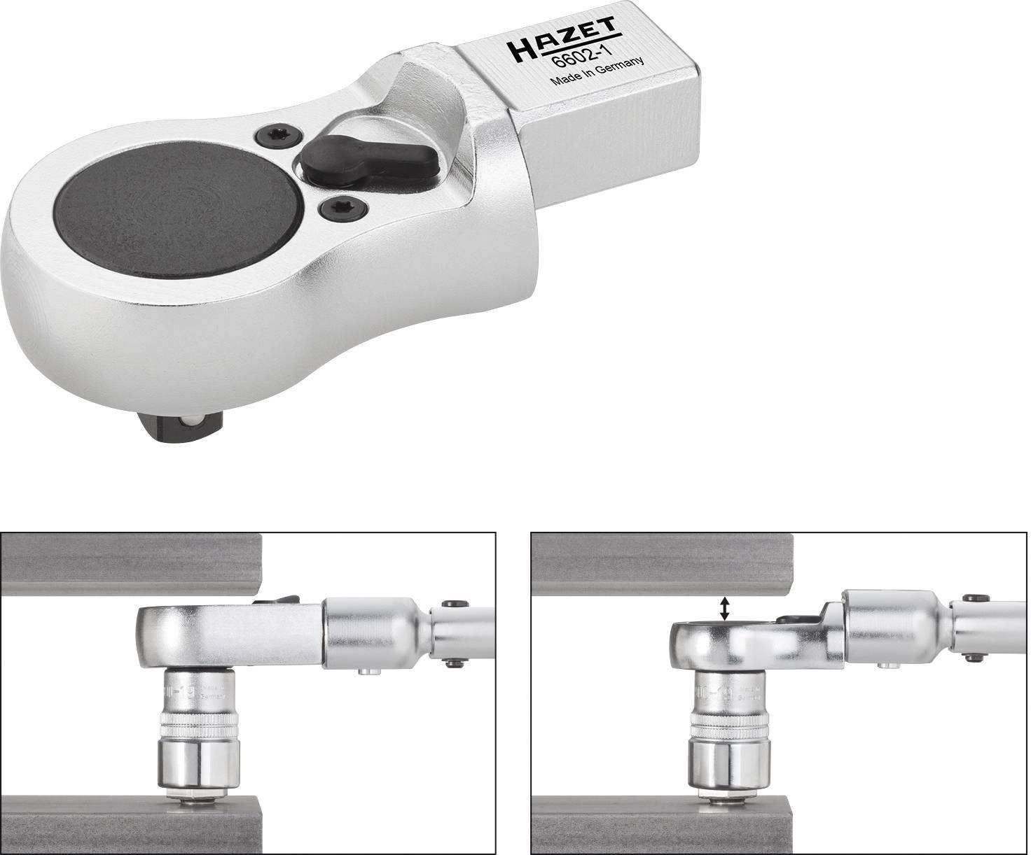 Torque wrench with articulated mechanism, two perspective views. Upper image shows overall view, lower images illustrate pivoting function.