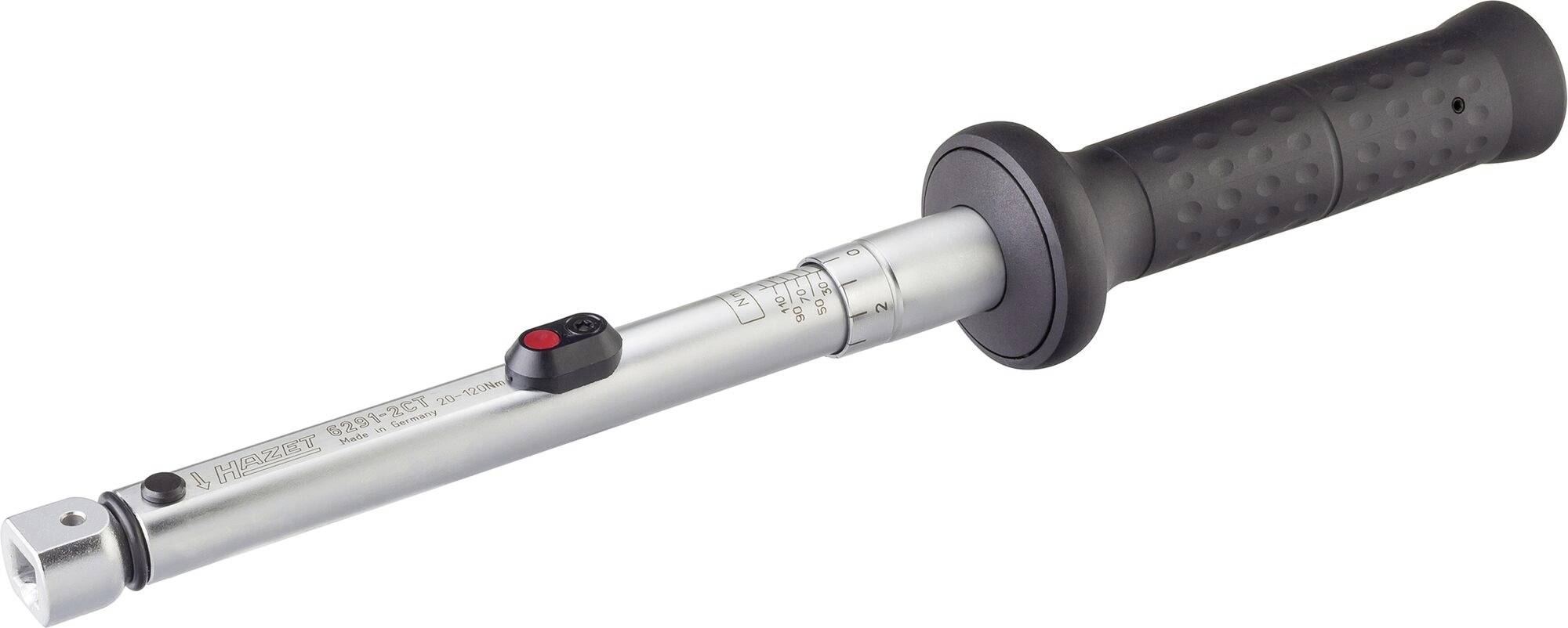 Torque wrench with a black handle, silver body and scale for precise measurement of torque during tool work.