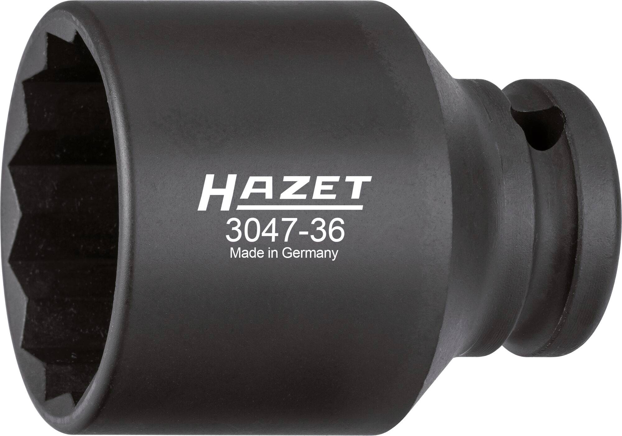'Black Hazet Socket, Model 3047-36, Made in Germany. Circular form with tooth-like interior and manufacturer's imprint.'