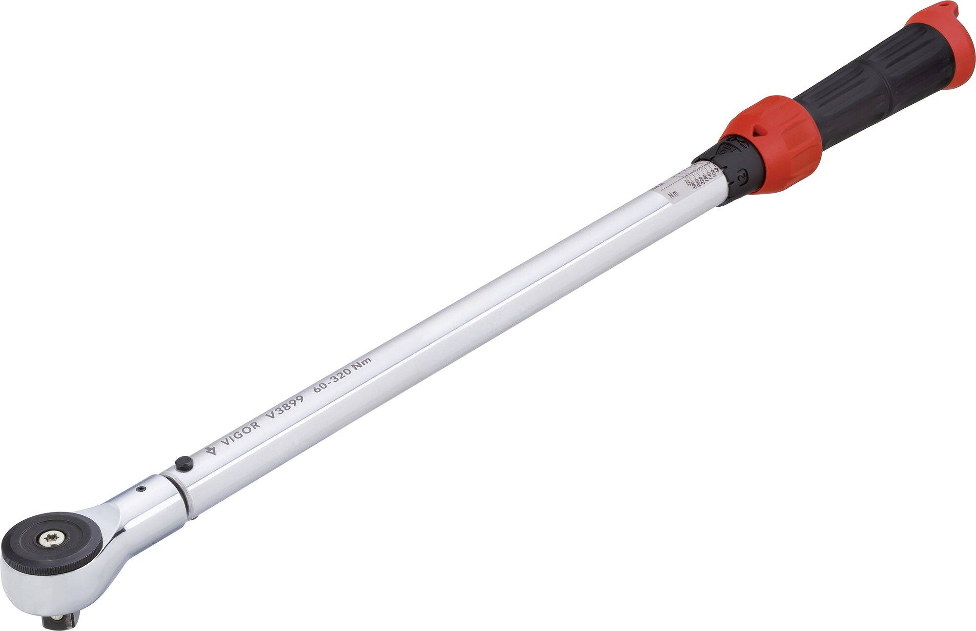 A silver torque wrench with a red handle lies on a white background.