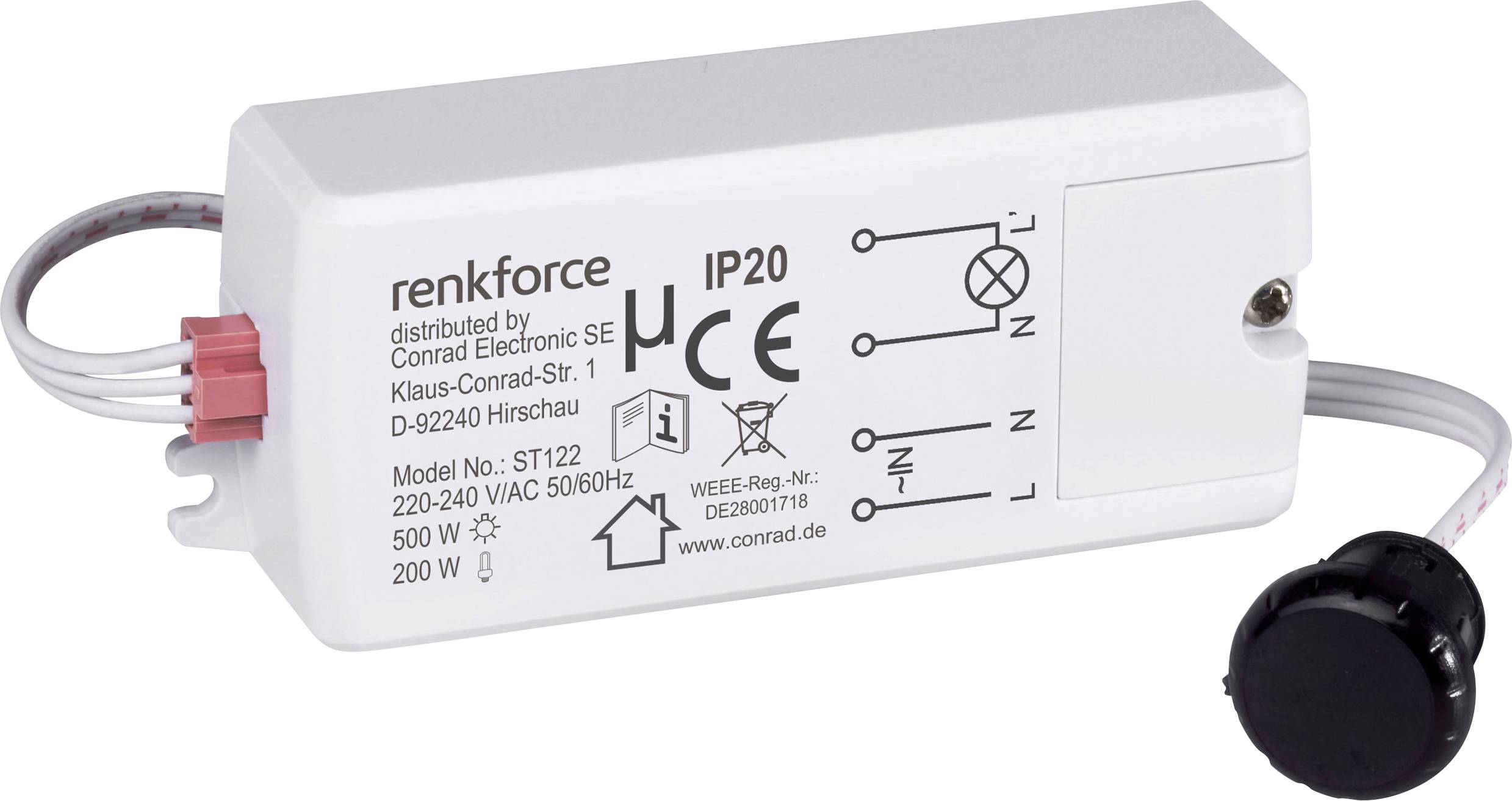 Renkforce IP20 power adapter, model ST122, 220-240V AC, 50/60Hz, 500W, distributed by Conrad Electronic SE, with compliance symbols.