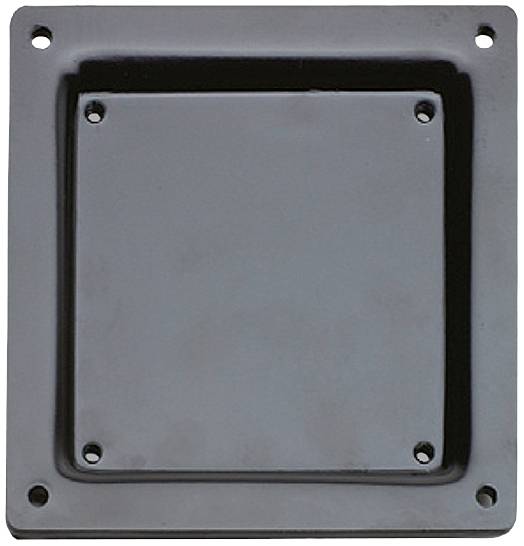 A black, square metal plate with rounded corners and eight screw holes along the edges, resting on a smooth surface.