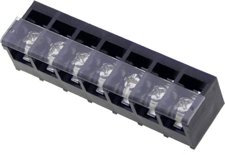 Black electric breadboard with six connections and a transparent protective cover, suitable for electronic wiring.