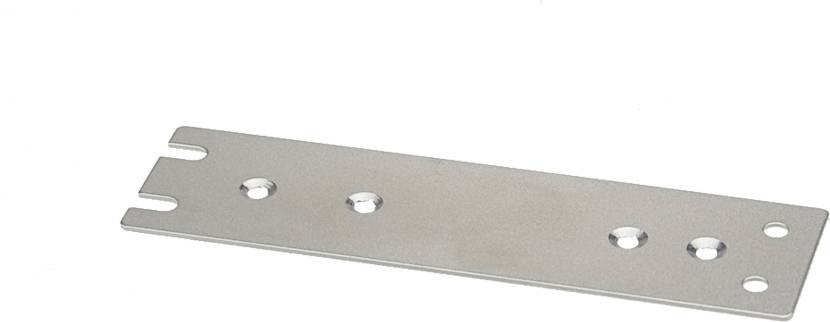 Grey metal plate with five round holes and two slots at one end. It is used for mechanical fastening.