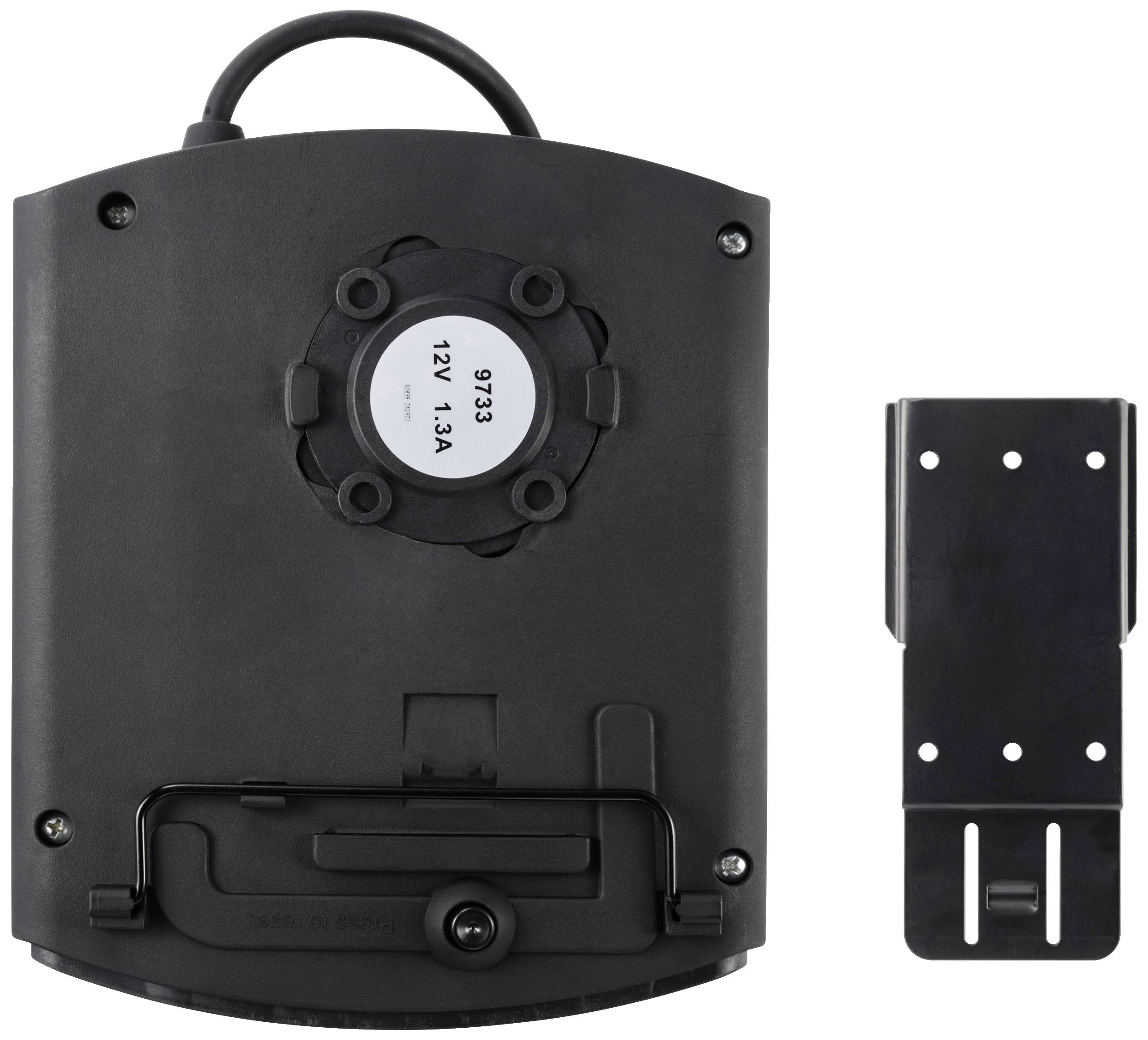 Two black devices, one with a round component and cable, the other with holes for mounting; possibly for technical use.