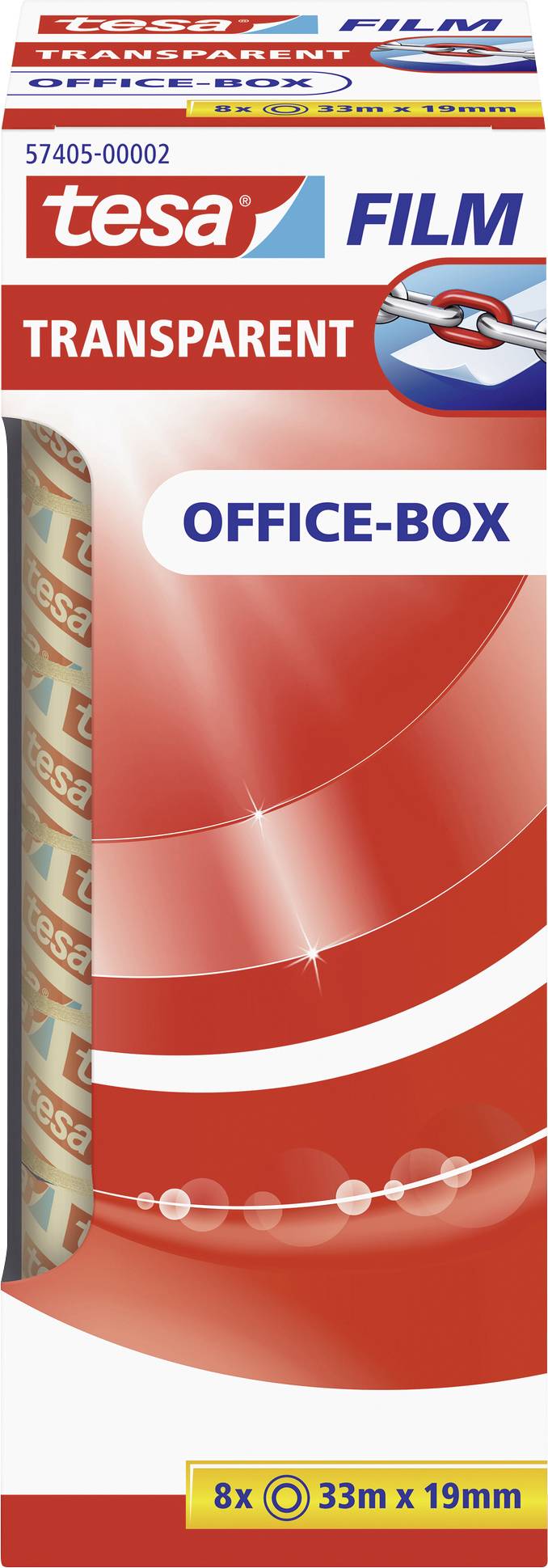 Packaging for a transparent adhesive tape by the brand tesa. Contains 8 rolls, each 33 m long, 19 mm wide. Description: OFFICE-BOX.