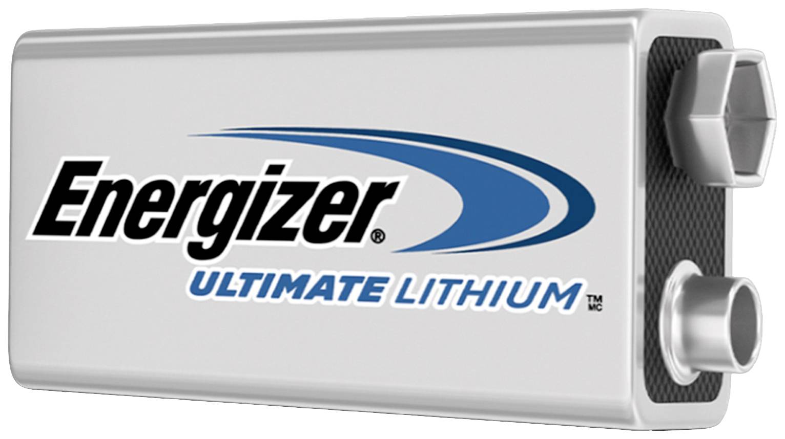 Battery with the inscription 'Energizer Ultimate Lithium', rectangular shape, silver casing, blue-black logo.