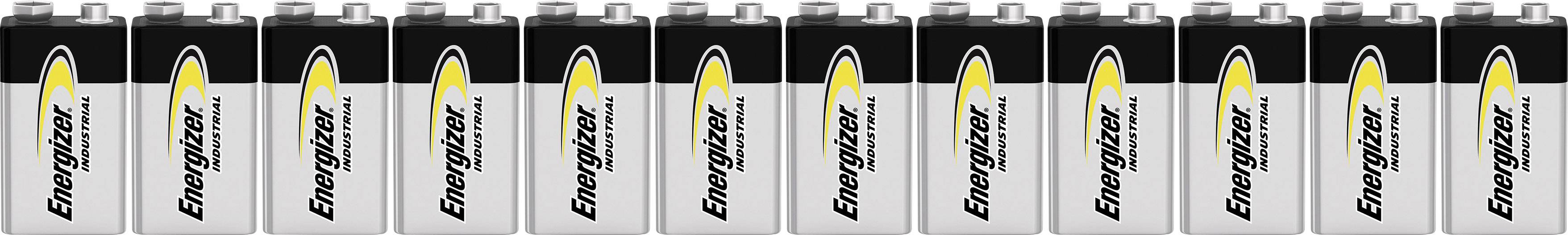 A row of eleven identical 9-volt Energizer batteries, standing upright side by side.