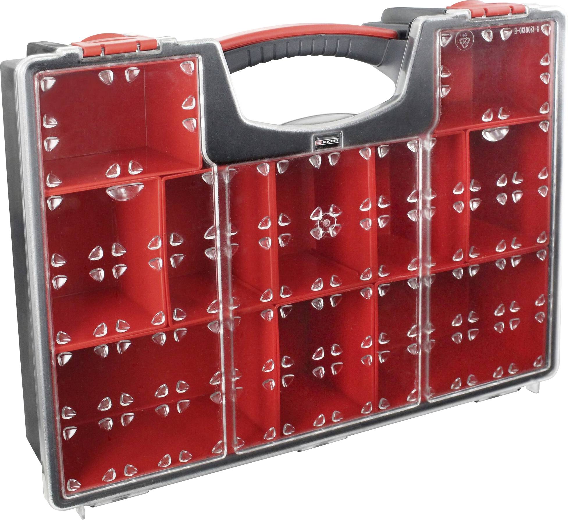 Red, portable plastic organiser with a transparent lid, divided into 20 compartments for small items such as screws or nuts.