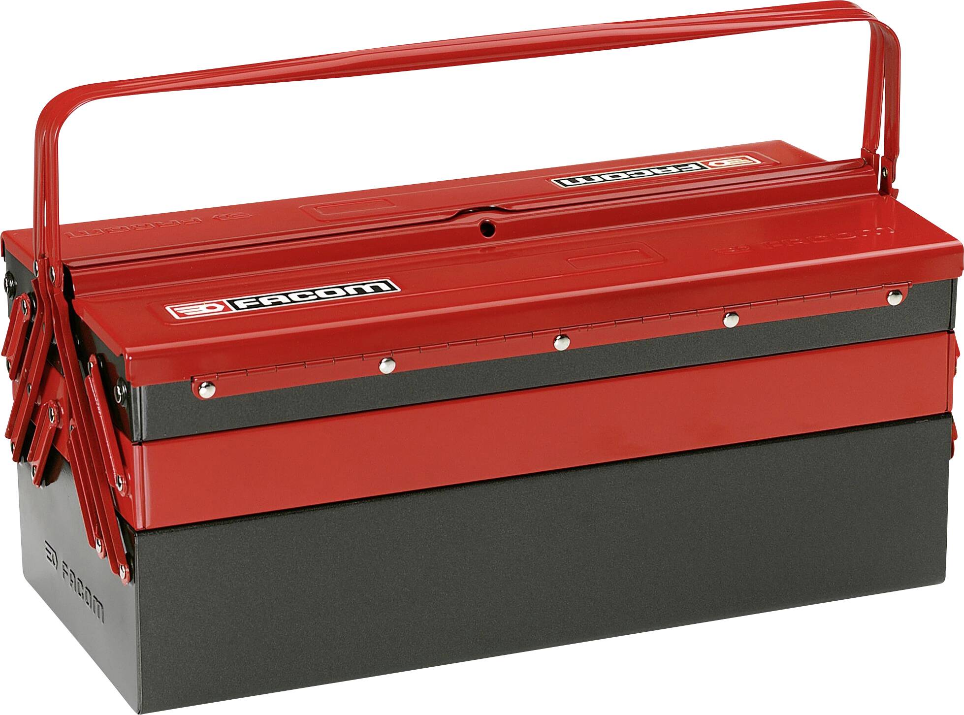 Red toolbox with carry handle, closed, brand 'Facom', on light background.