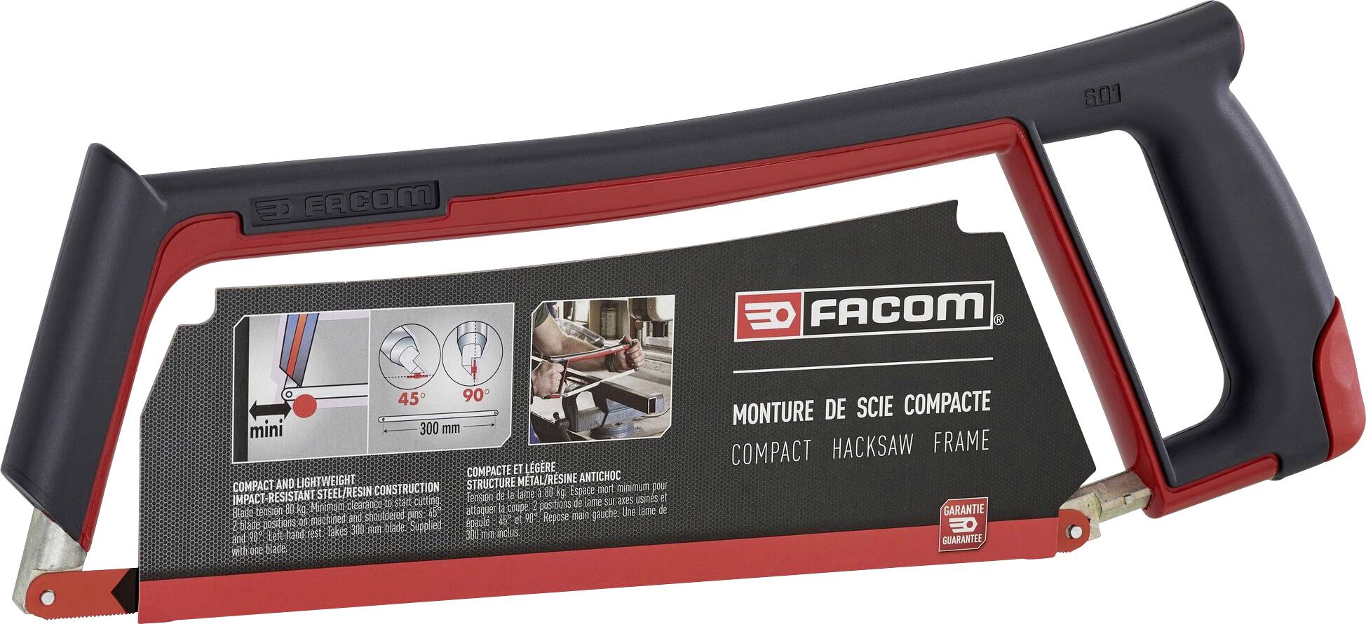 Compact metal saw with an ergonomic handle, perfect for precise cutting. Packaging includes technical specifications and brand logo.
