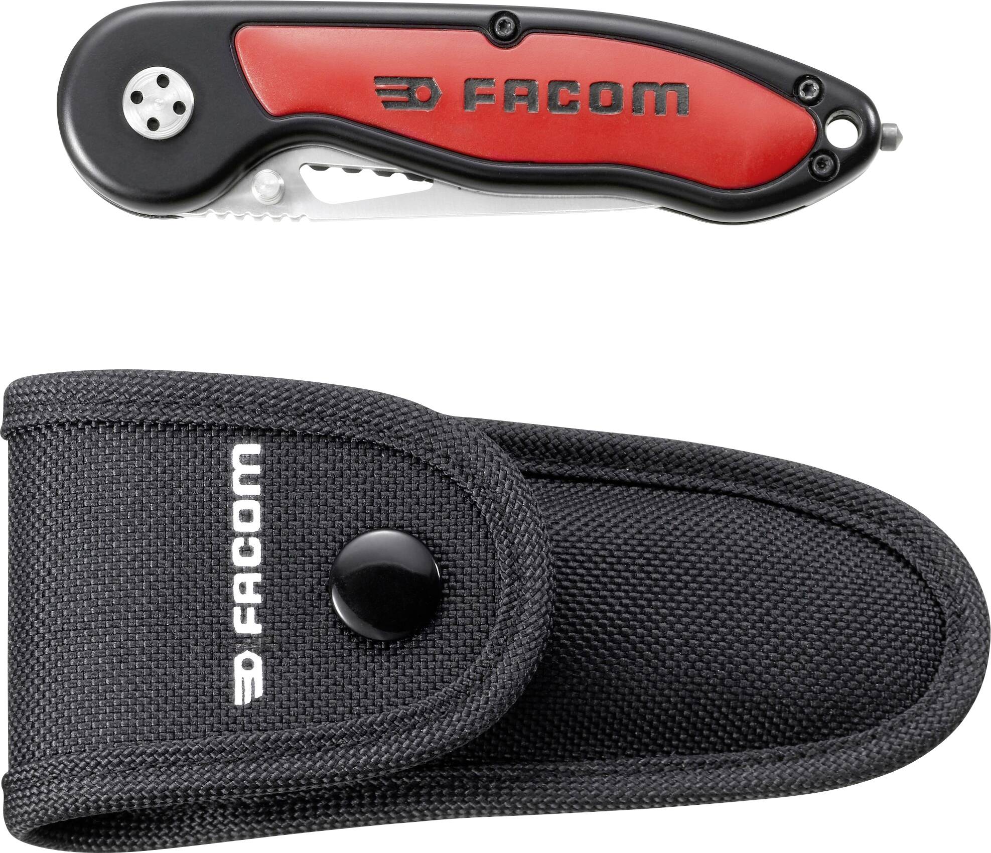 Compact folding knife with a black handle and red insert, marked with 'Facom'. Includes a black pouch with 'Facom' logo.