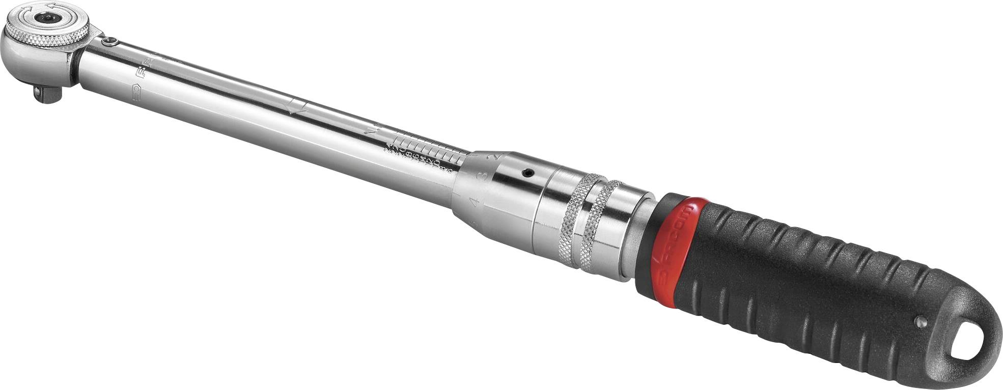 A chrome-plated torque wrench with a black handle and red accent; used for precise tightening force on screw connections.