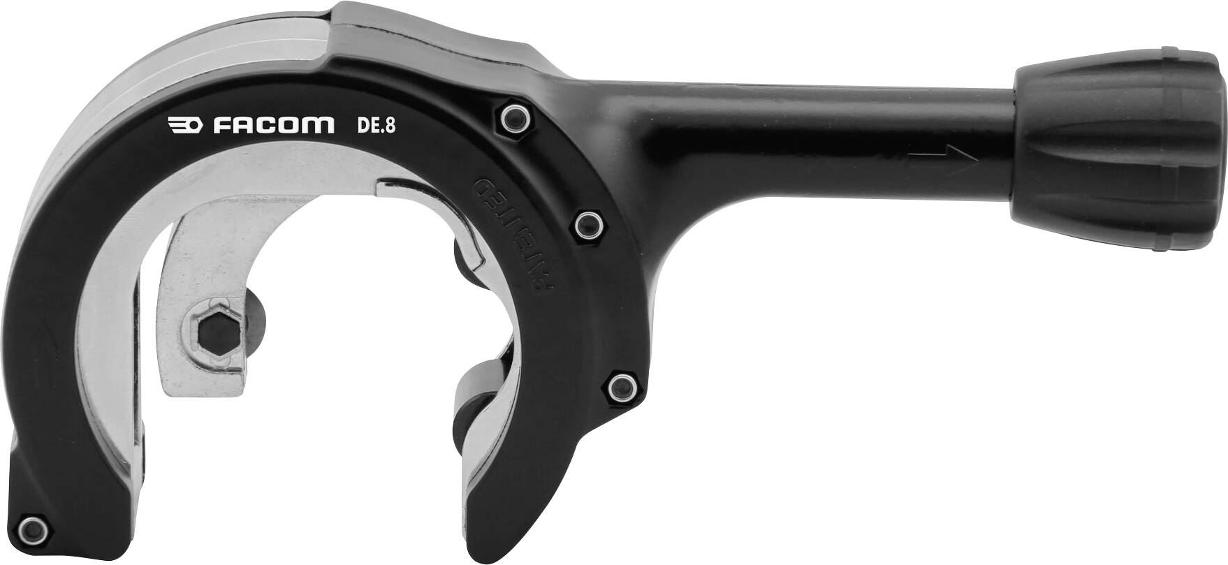 'FACOM DE.8' Pipe Cutter in Black, suitable for cutting through pipes. Tool with an ergonomic handle for precise cuts.