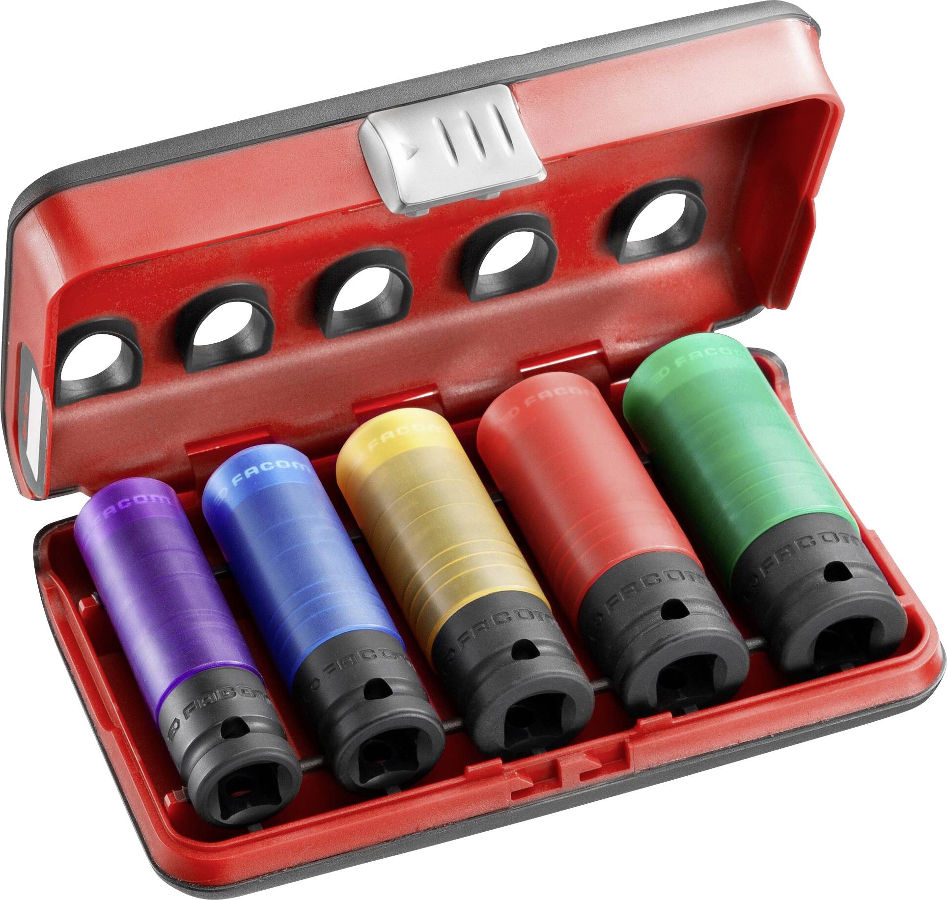 Five differently coloured socket extensions are located in an open, red plastic case. They are colour-coded for easy identification.