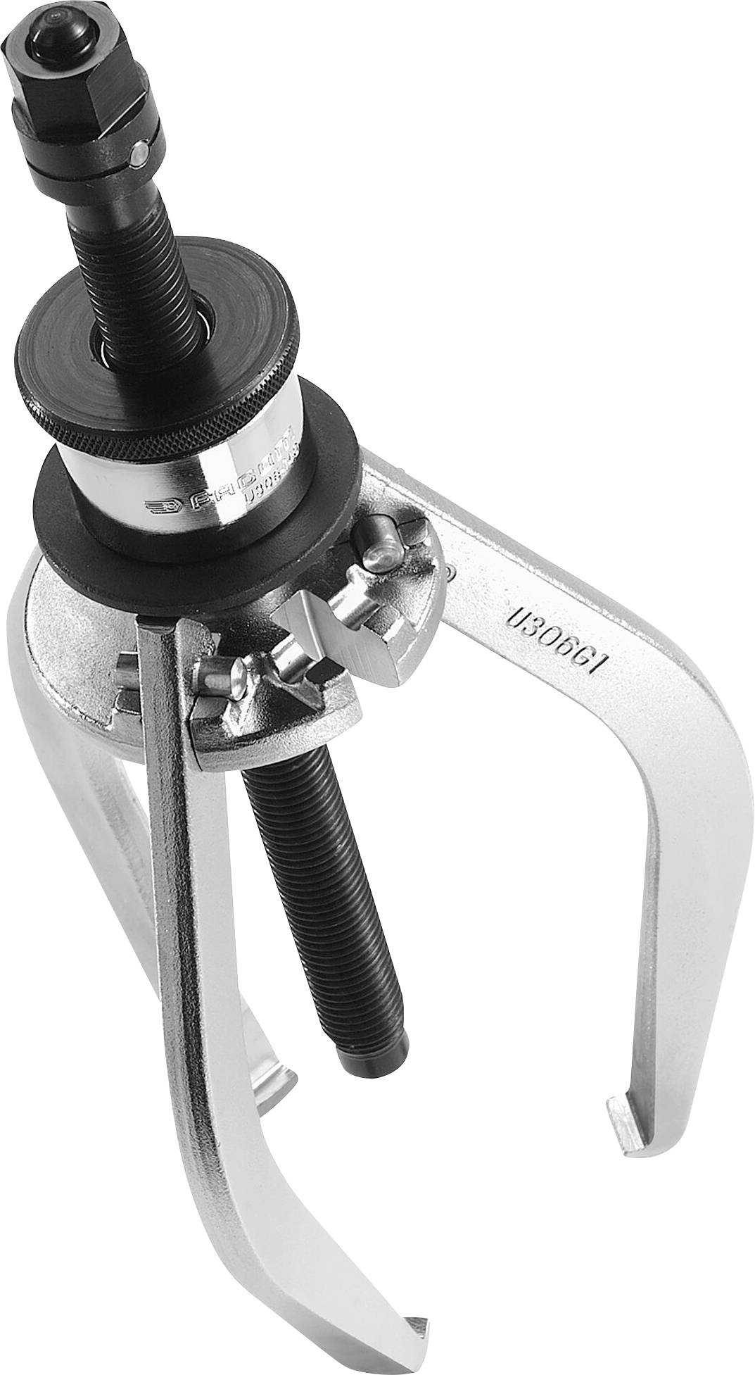 A silver three-jaw puller with a central threaded spindle mechanism, suitable for removing seized parts.