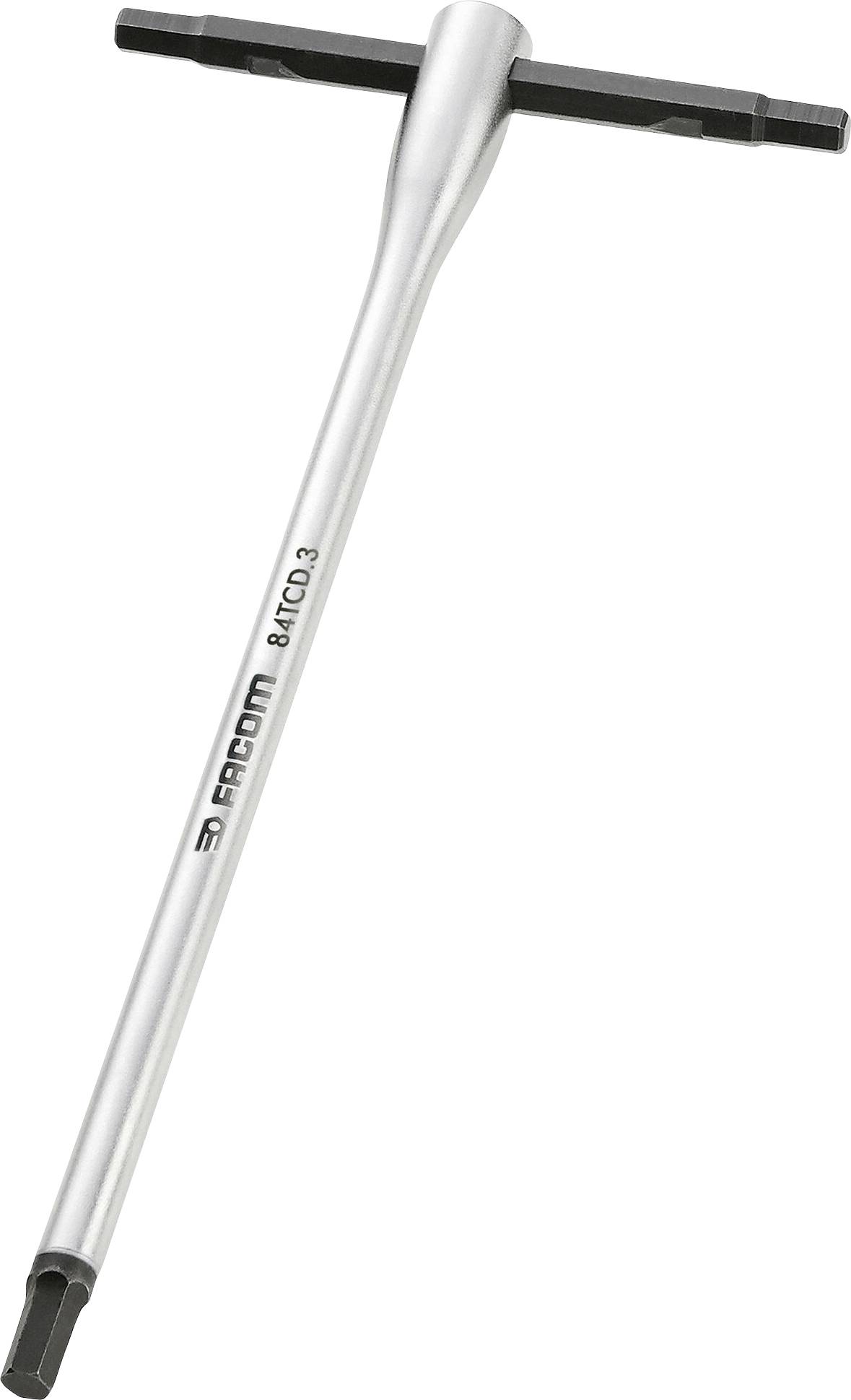 T-handled metal key for screw work, silver bar with black handle on top, brand name visible on the shaft.