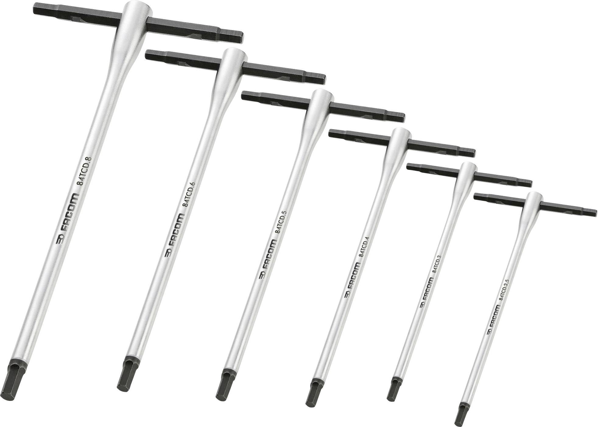 Six-piece T-handle screwdriver set in various sizes, ideal for professional and private use.