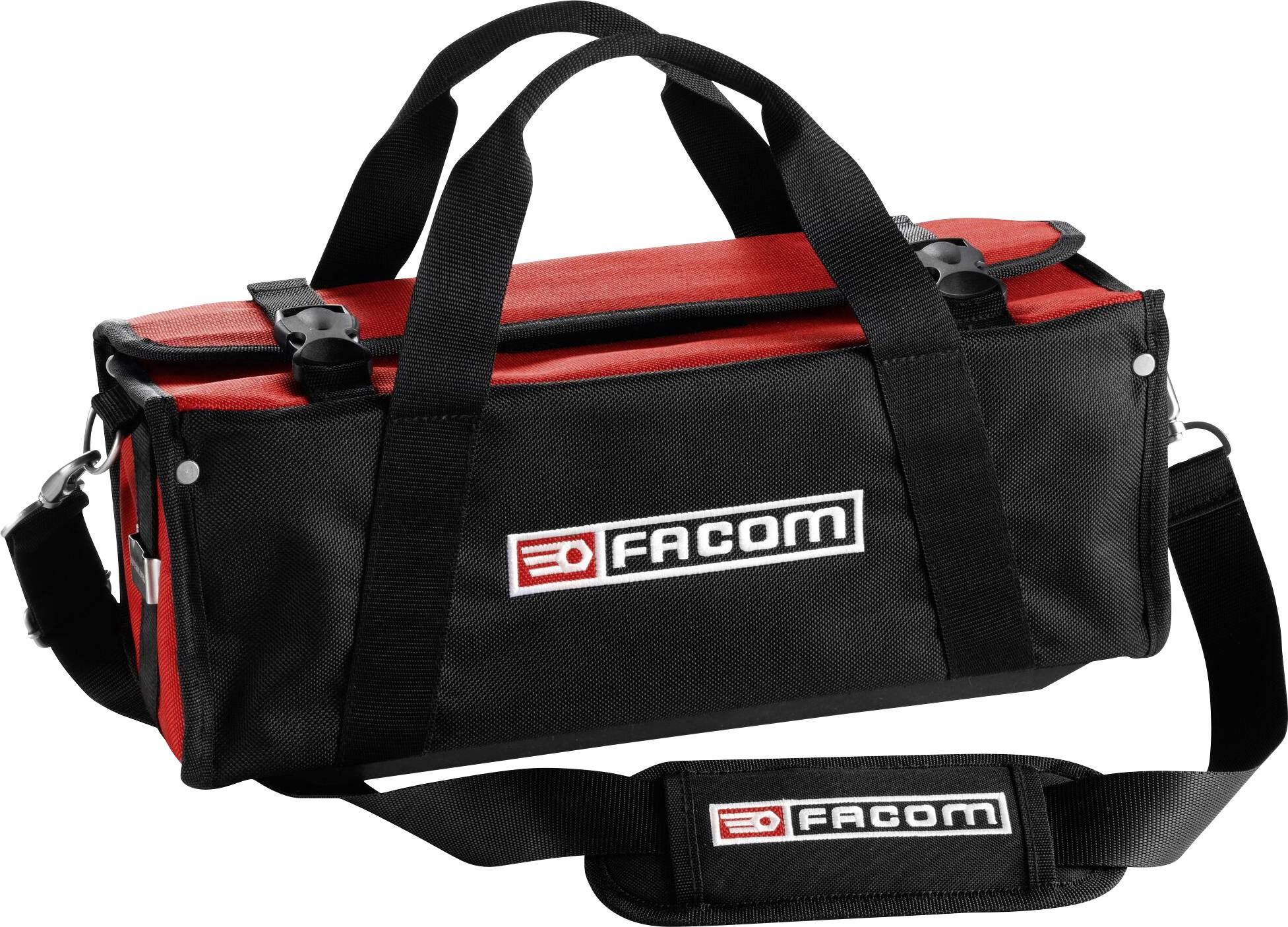 A black and red tool bag with carry handles and a shoulder strap, displaying the 'FACOM' logo in the centre.