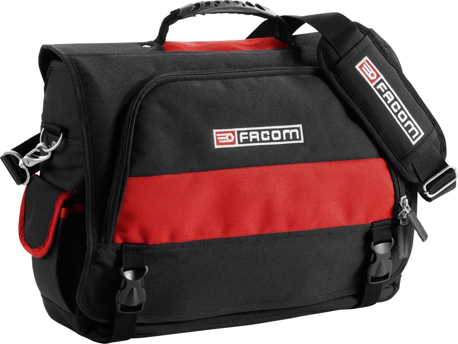 A black and red tool bag with a shoulder strap and multiple compartments, bearing the 'Facom' logo.