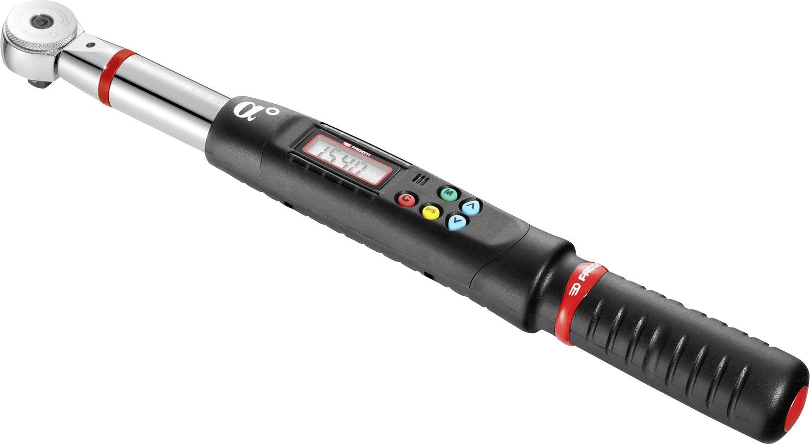 Electronic torque wrench with digital display and various buttons for adjustment, used for precise torque measurements.