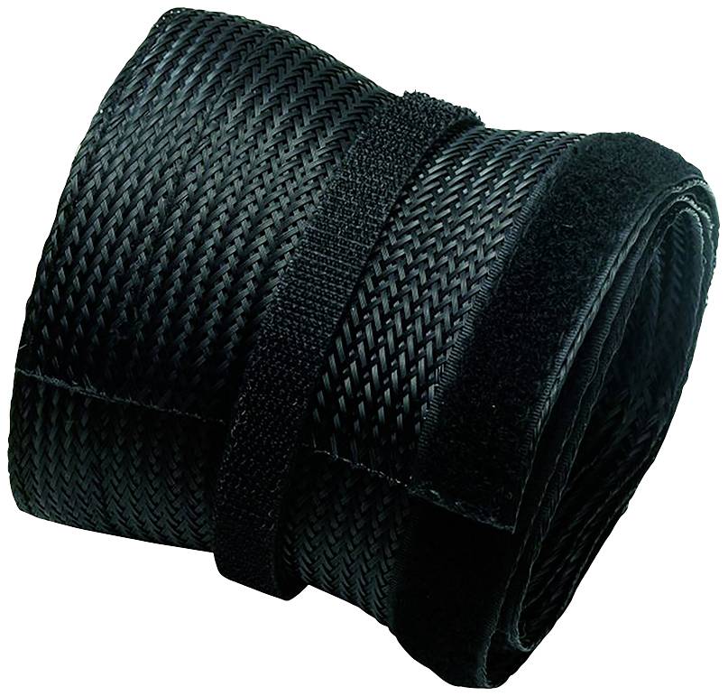 A rolled-up black, braided ribbon with a hook and loop fastener, ready for use or storage.