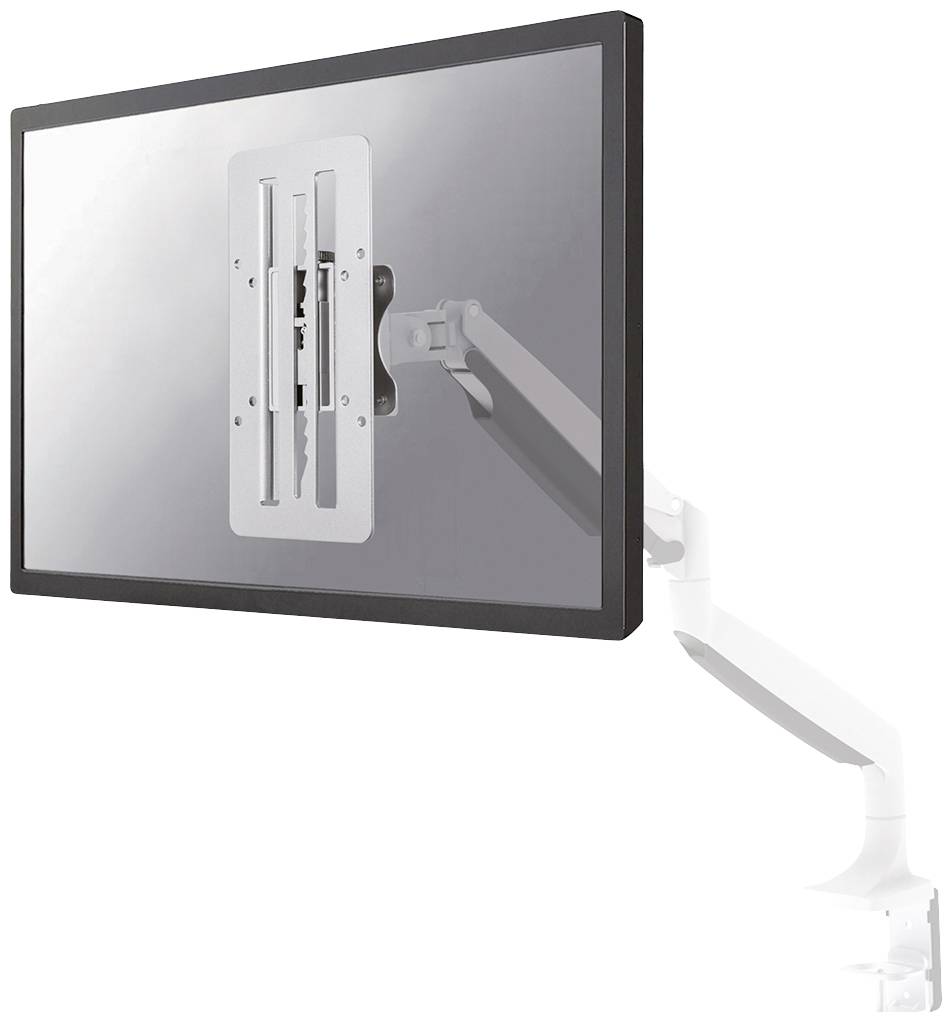 A computer monitor mounted on an adjustable white arm is fixed to a wall bracket.