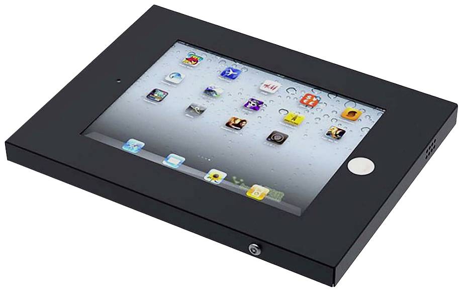 A black tablet with a visible display. Several app icons are shown on the screen against a light grey background.