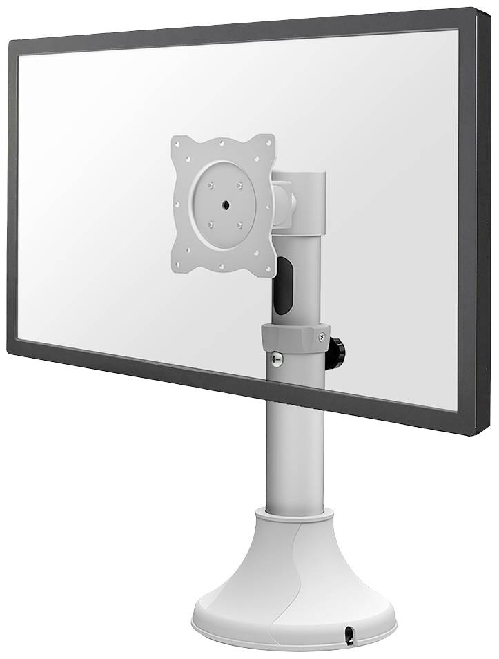 A computer monitor, mounted on an adjustable stand, is viewed at an angle from the side.