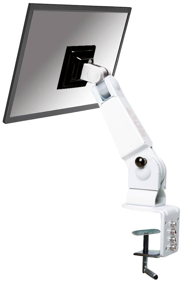 An adjustable monitor arm with a screw clamp for mounting to the edge of a desk. The screen is tiltable and can be swivelled.
