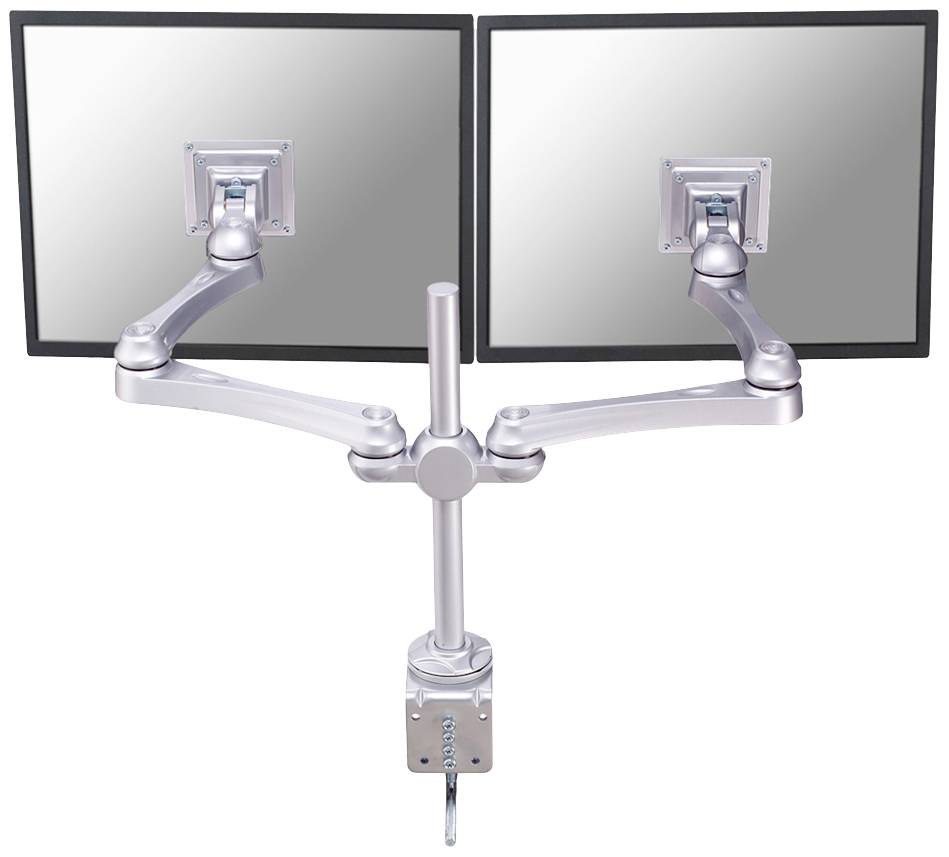 Dual monitor mount with two arms for attachment, suitable for two screens, demonstrating flexibility and adaptability.