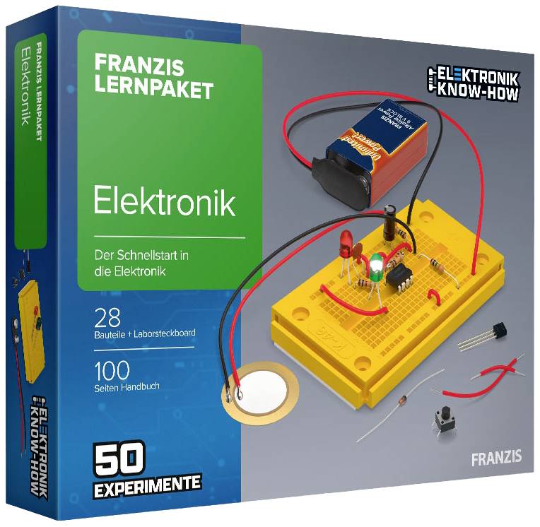 'Franzis Electronics Learning Kit' shows an experimental box with components for 50 electronic experiments. Includes circuit board and manual.