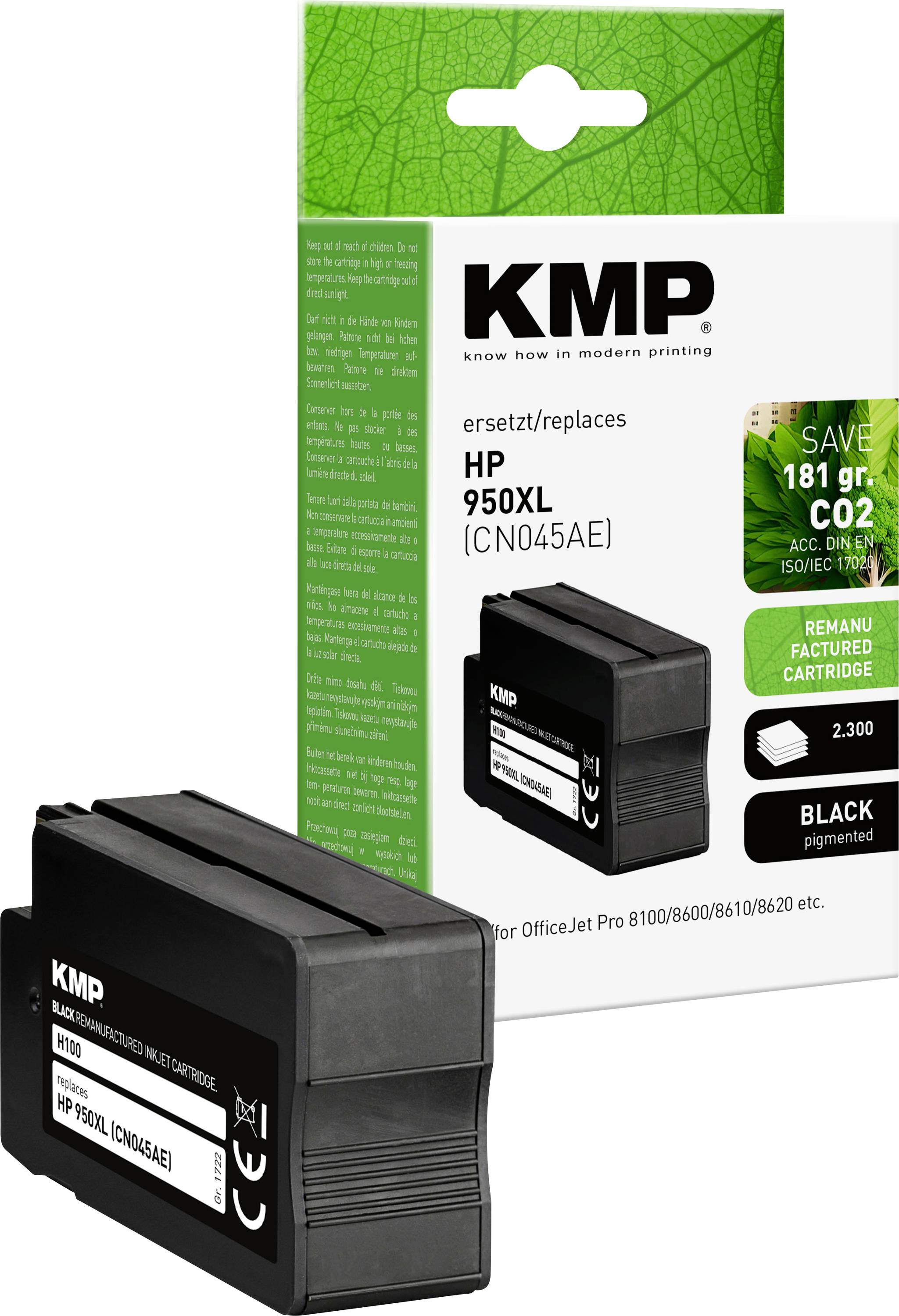 Black Ink Cartridge KMP, replaces HP 950XL (CN045AE), compatible with OfficeJet Pro 8100/8600/8610/8620. Two cartridges shown.