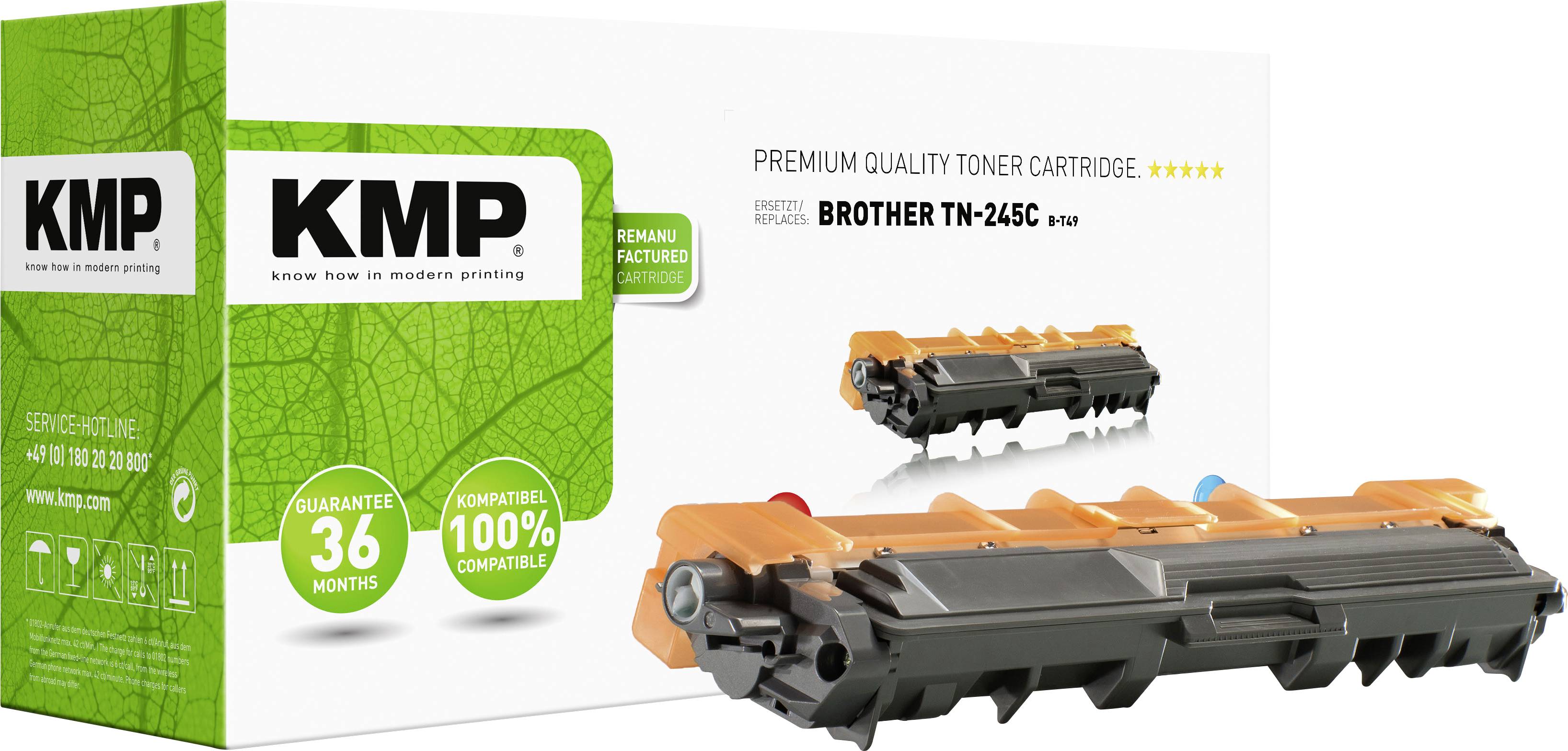 Box of toner cartridge by KMP, suitable for Brother TN-245C. Packaging shows a 36-month guarantee and 100% compatibility.
