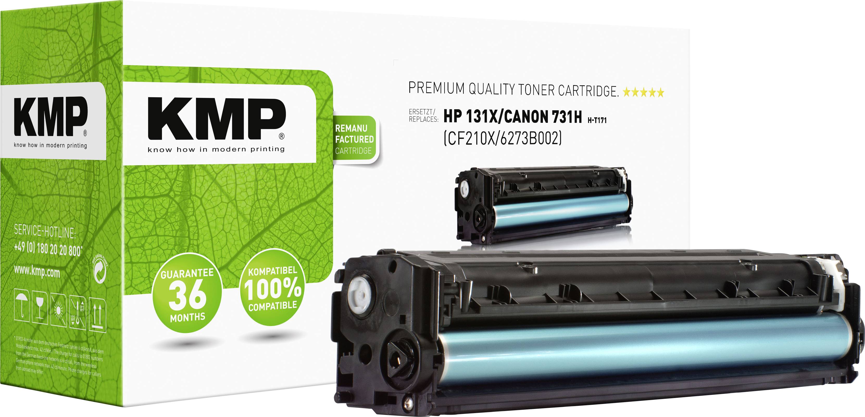 KMP Premium Toner Cartridge for HP 131X/Canon 731H, compatible with various models. On the packaging: 36-month guarantee, 100% compatible.