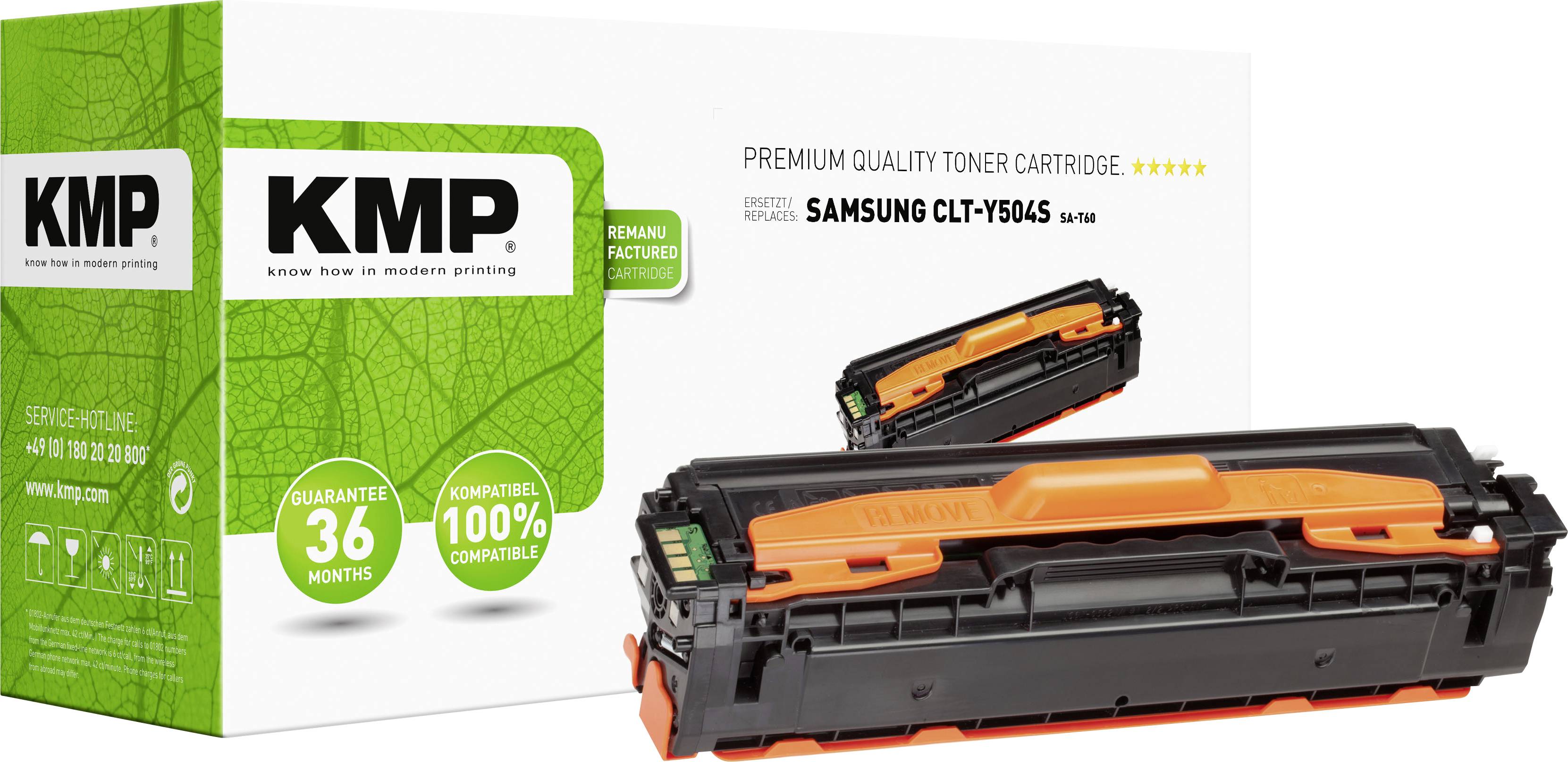 'KMP' Toner Cartridge with packaging, highlighted features: 36-month warranty, 100% compatible, suitable for Samsung CLT-Y504S.