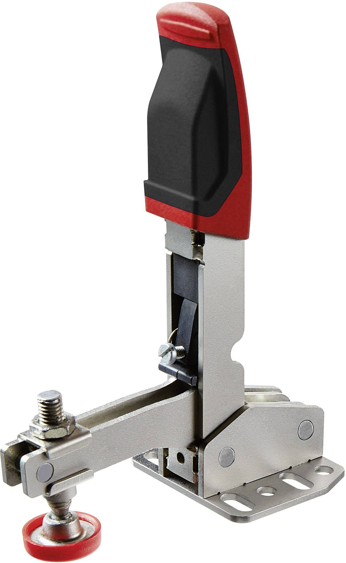 A metallic quick-release clamp with a red handle, suitable for securing workpieces, on a white background surface.