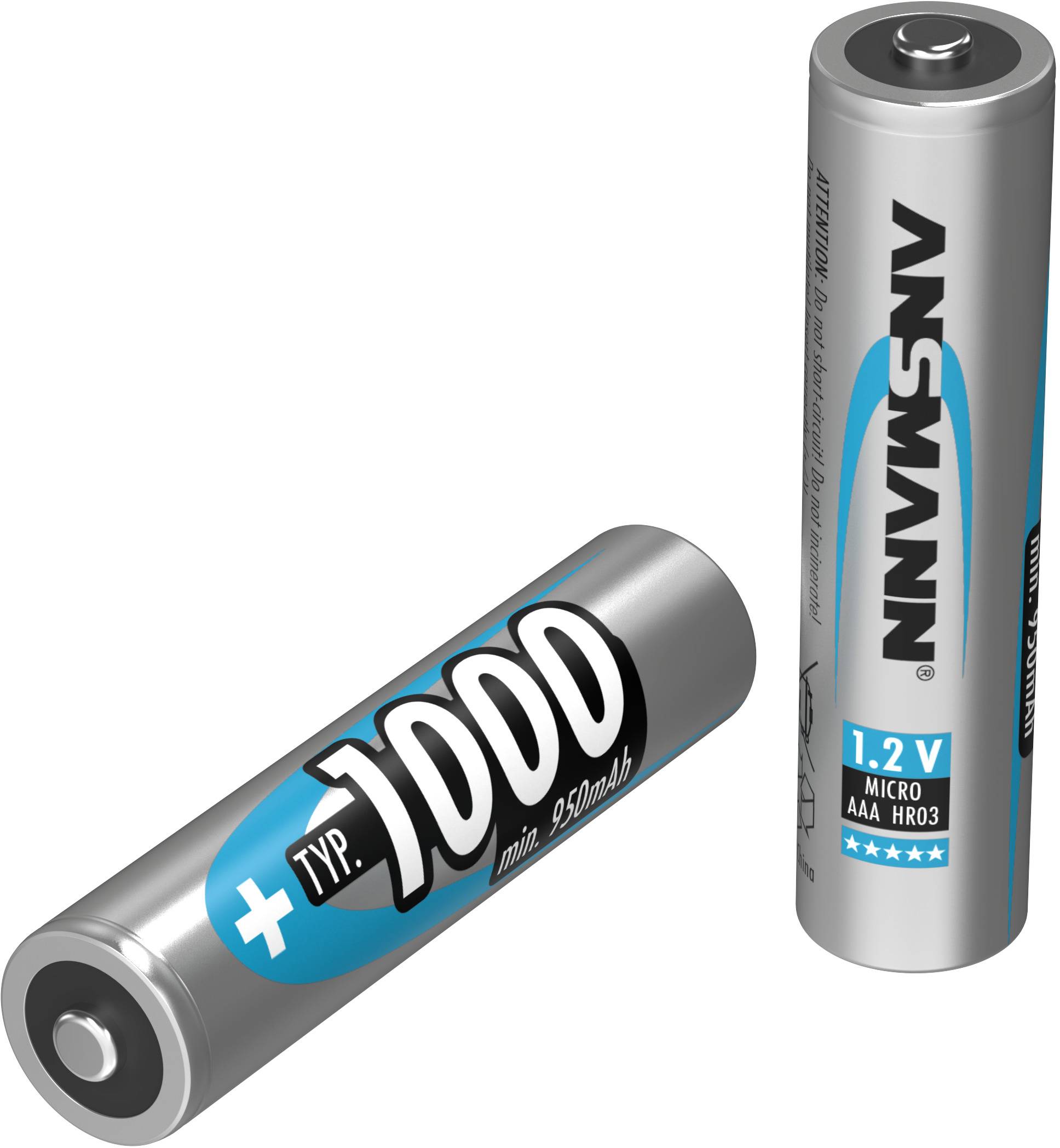 Two silver AAA batteries, one standing, one lying down. Marking: Type 1000, 1.2V, Micro AAA HR03, Ansmann.