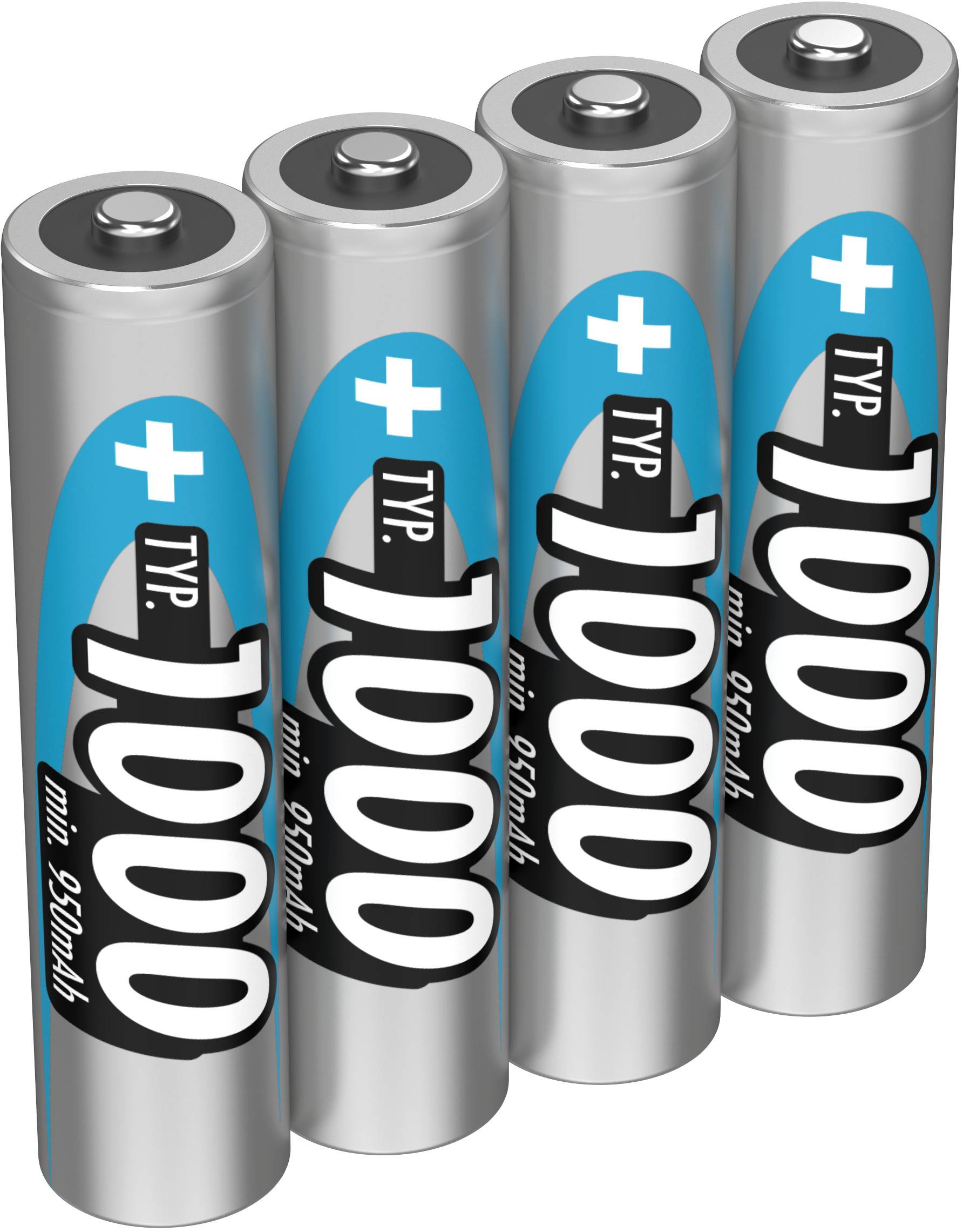 Four silver AA batteries with blue labels stand upright next to each other. Each battery displays the inscription 'Type 1000'.