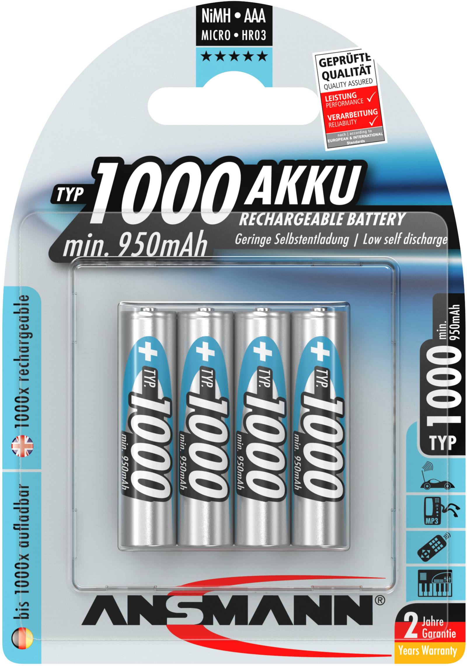 Four rechargeable AAA batteries from Ansmann with 1000 mAh capacity in the original packaging.