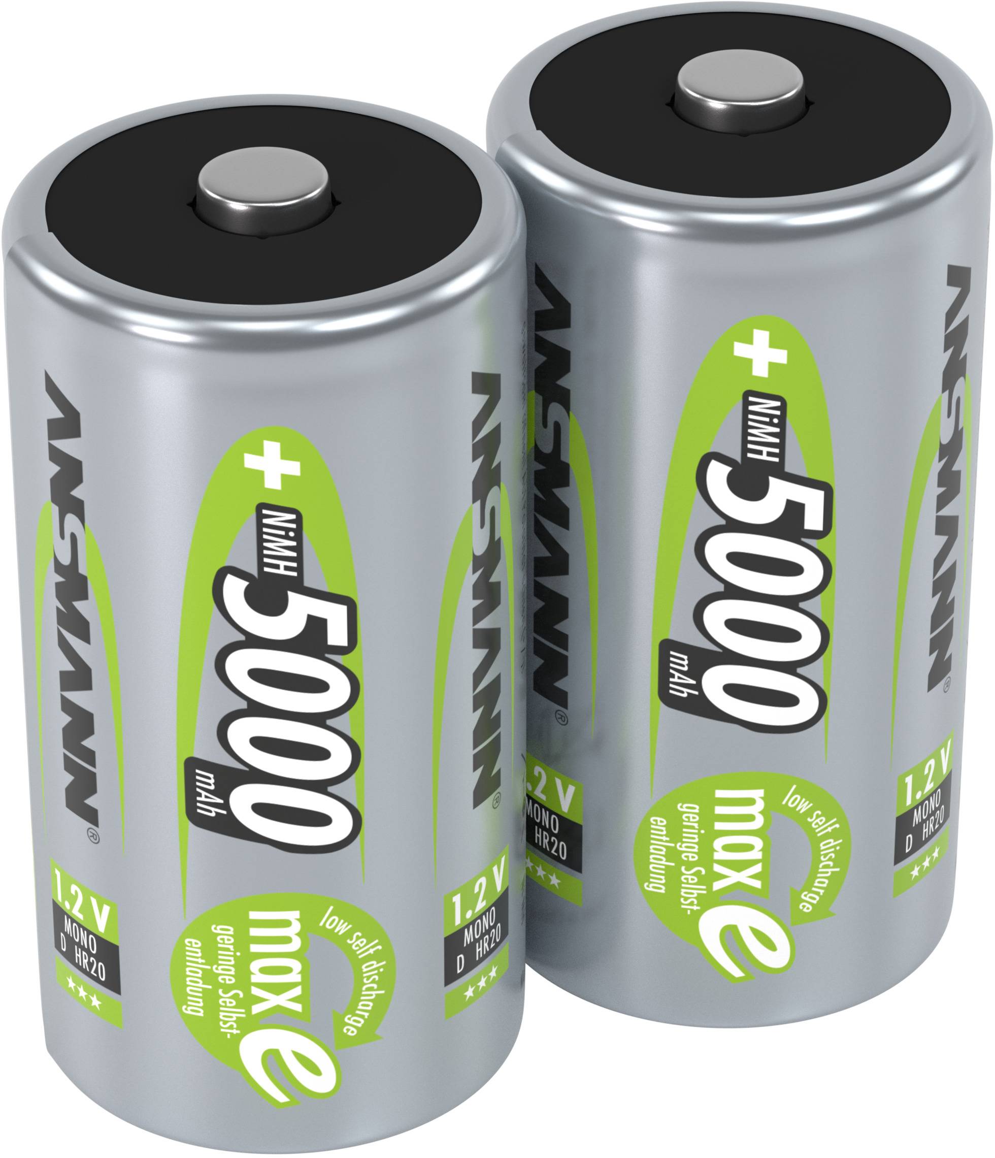 Two silver AA batteries are positioned side by side. On the green label it reads '5000 mAh', 'max e', and '1.2V NiMH'.