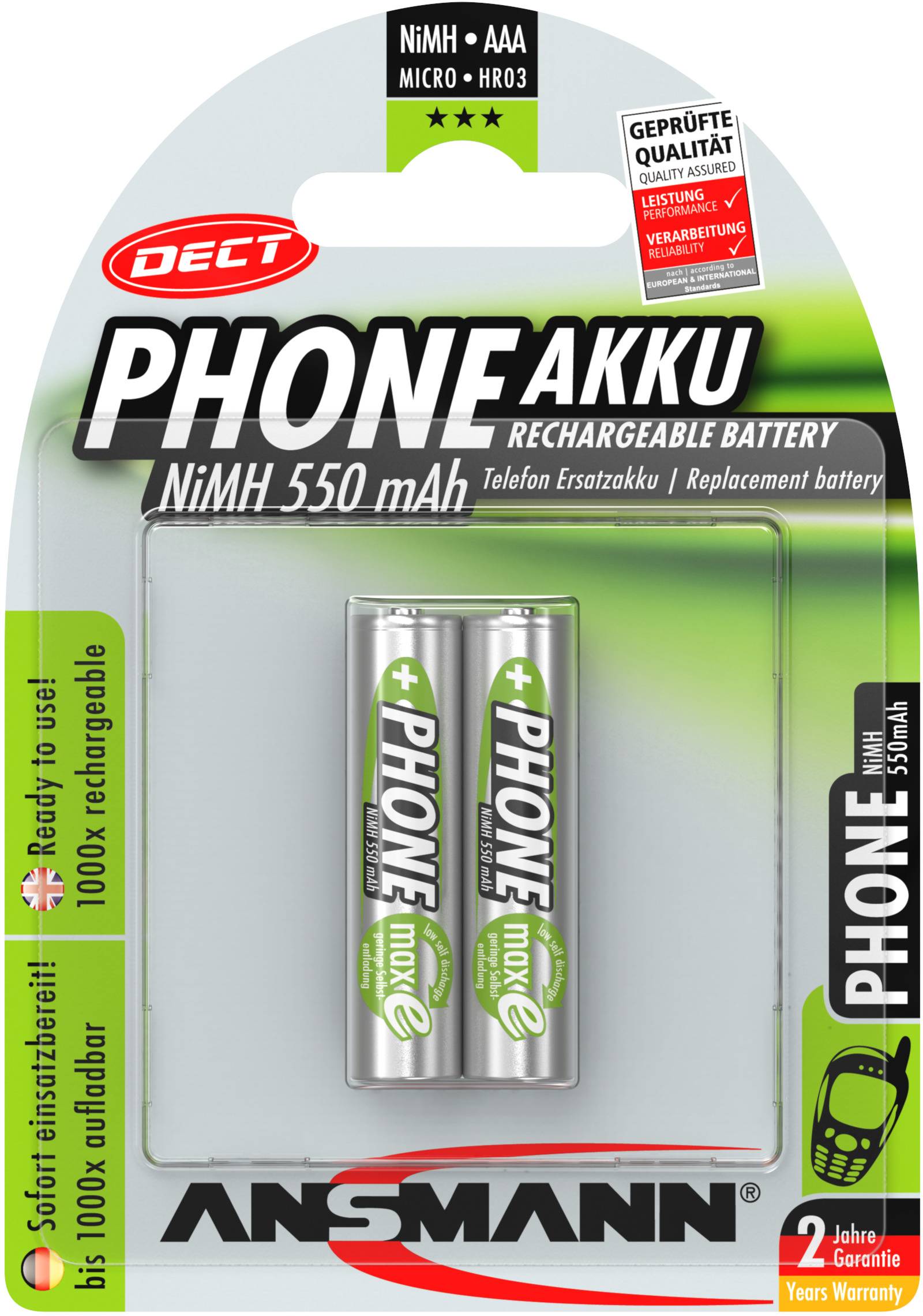 Two rechargeable AAA batteries by Ansmann, 550 mAh, for DECT phones. Packaging shows 2-year guarantee and quality promise.