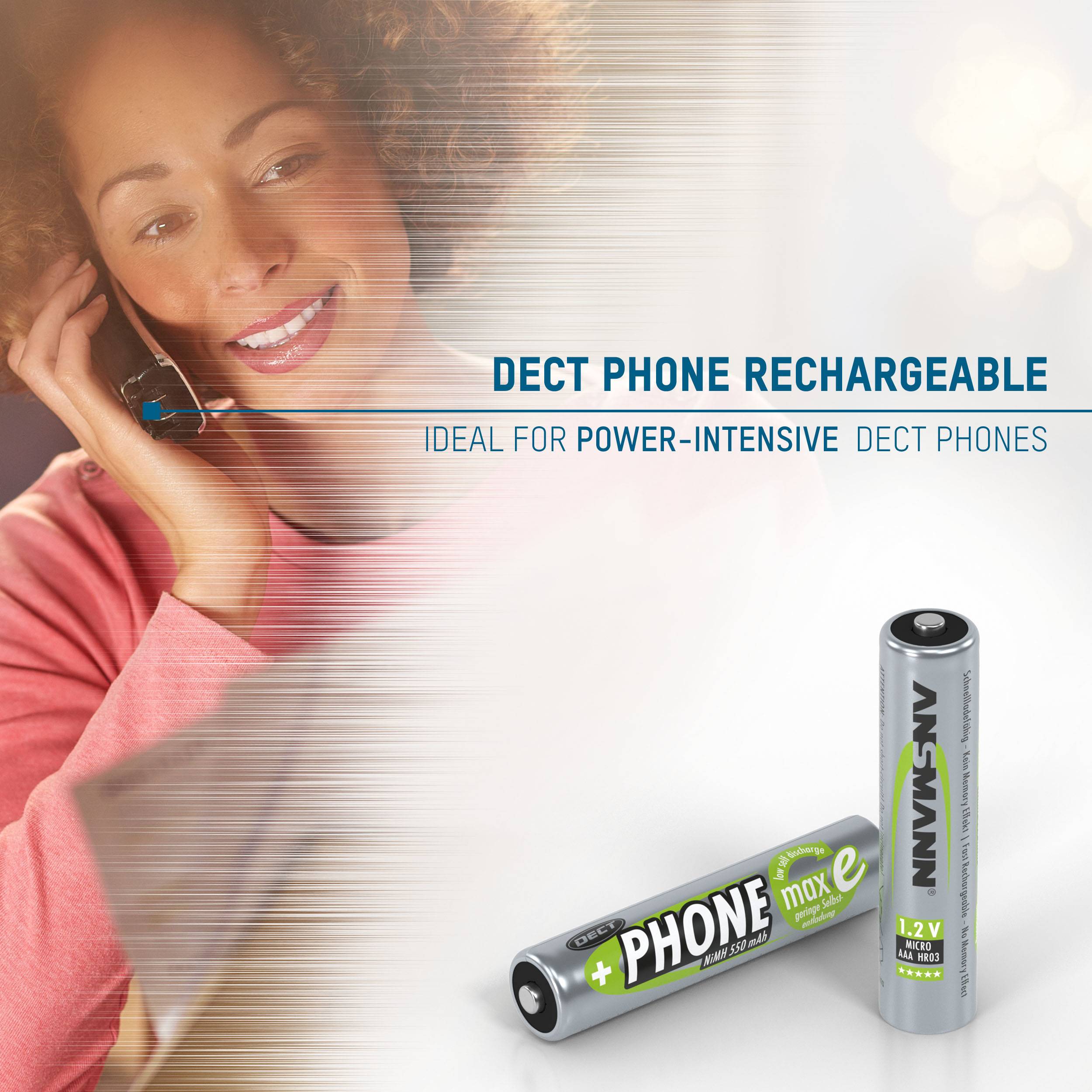 A woman is talking on a cordless DECT telephone. Next to her is text advertising rechargeable DECT telephone batteries.