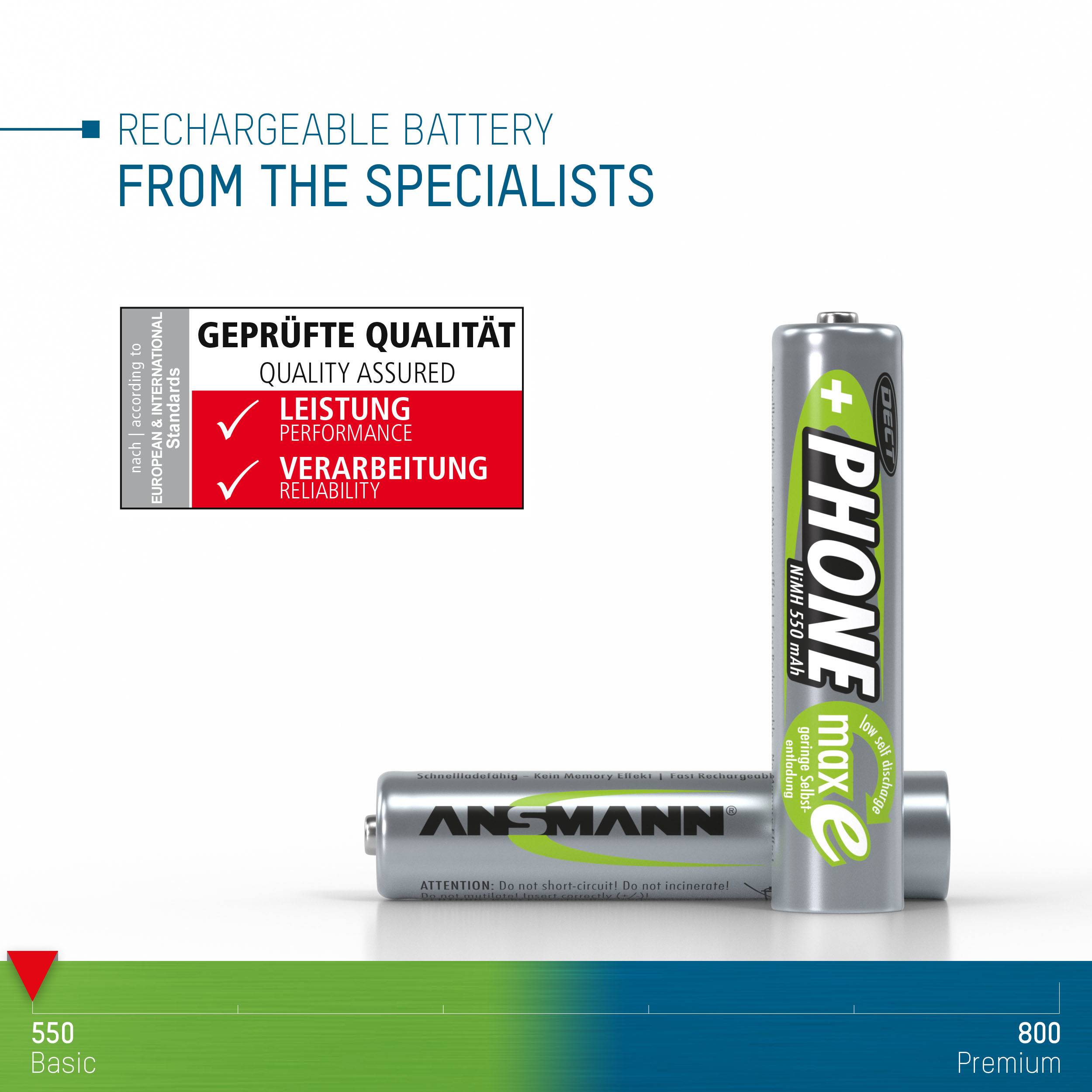 Batteries with inscription 'PHONE' and 'RECHARGEABLE BATTERY'. Text at the top: 'Verified Quality'. Scale at the bottom: 550 Basic to 800 Premium.