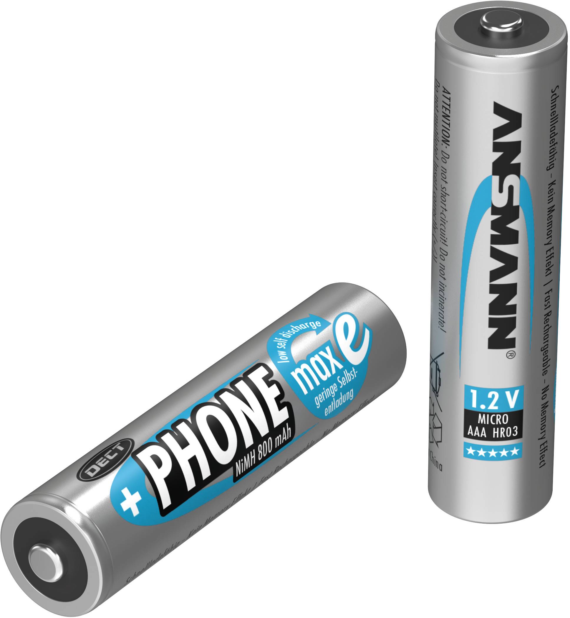 Two silver AAA batteries: one lying down with 'PHONE maxe NIMH 800 mAh' inscription, one standing with blue labelling '1.2V Micro AAA HR03'.