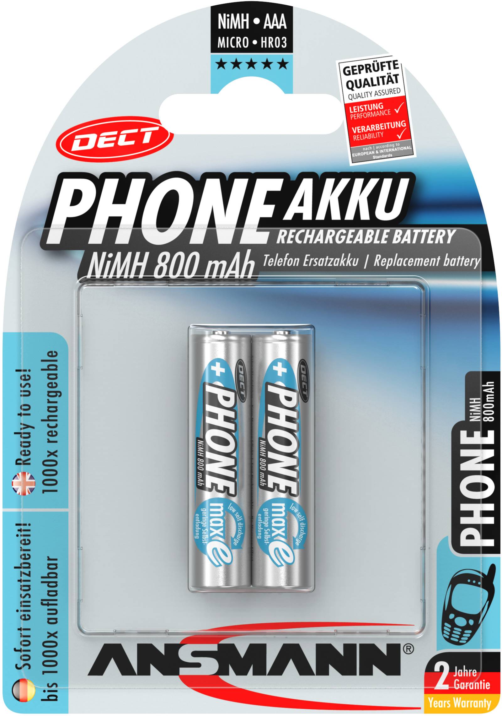 Two rechargeable AAA batteries by Ansmann on a product packaging. 'PHONE BATTERY' with 800 mAh; suitable for DECT phones.